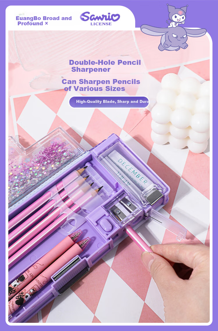GuangBo & Sanrio Sand Art Pencil Case, Elementary School Student Multifunctional Plastic Automatic Pencil Case, Double-Layer Pencil Bag for Girls, Boys' Pencil Case, Renyu Han'dun KT85110 5