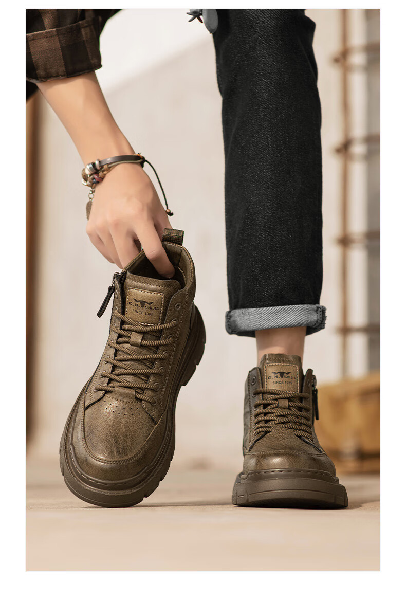 Bull Family Martin Boots Men Autumn Winter New Retro British Style Side Zipper Work Shoes High Top Outdoor Combat Boots 10