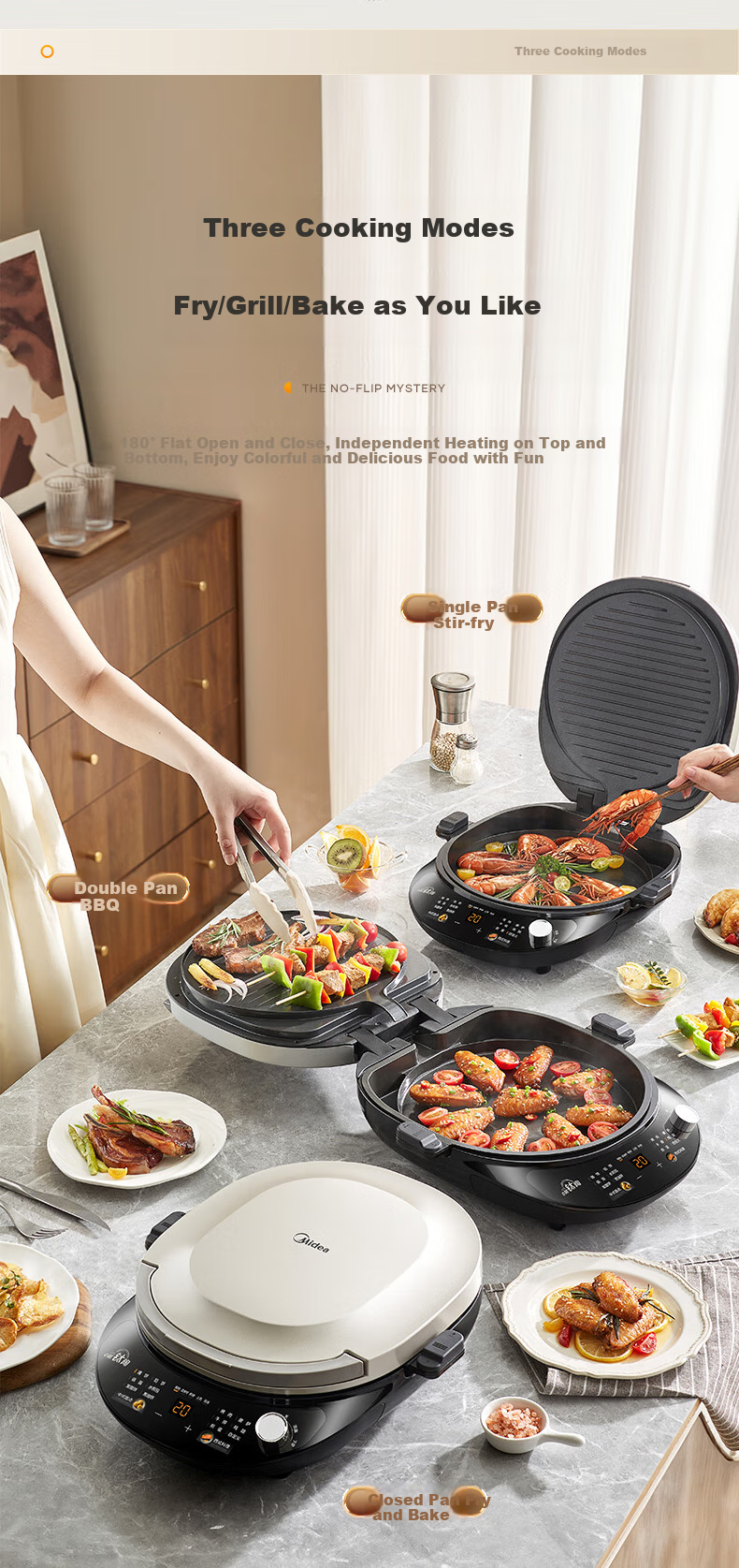 Midea Electric Griddle, Home Double-Sided Heating Grill Pancake Maker, Deep Frying Pan with Upper And Lower Plates for Easy Cleaning, Breakfast Machine, Barbecue Electric Griddle JKE3478 23