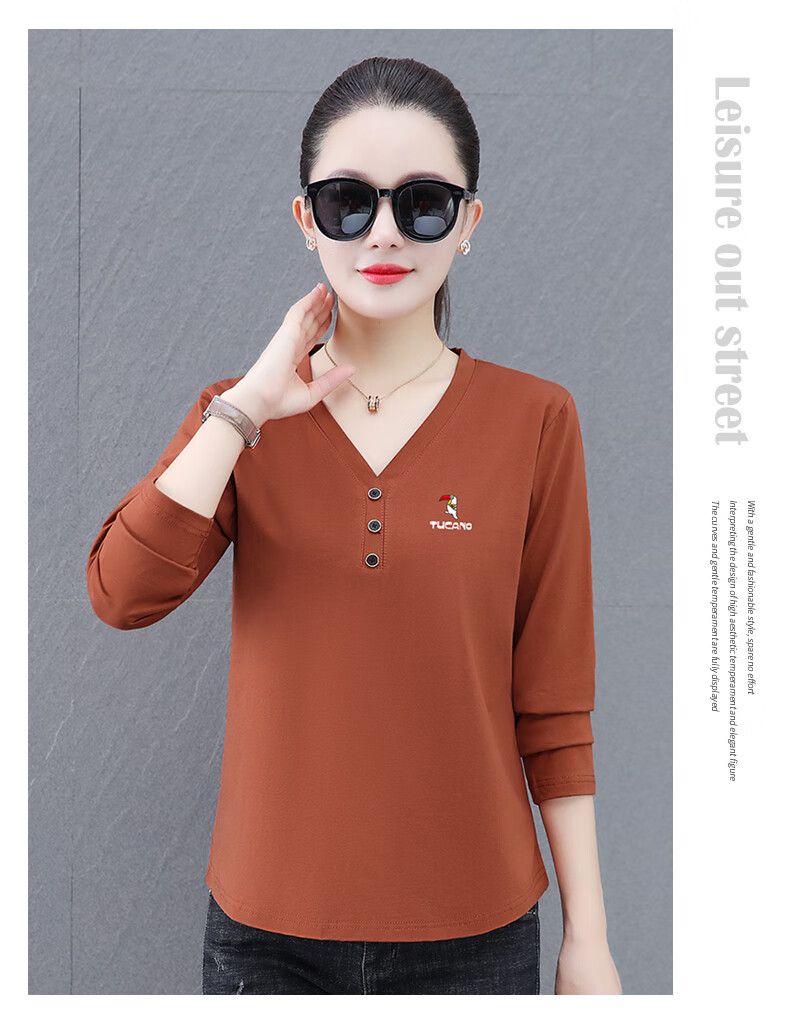 Woodpecker V-Neck Raglan Long Sleeve T-Shirt Women Autumn New Pure Cotton Fashion Casual Plus Size Base Shirt Top Gray Green 2XL 10