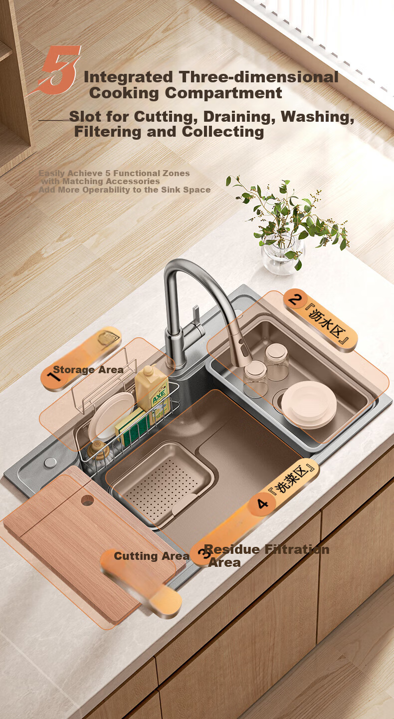 ARROW Kitchen Sink Gunmetal Gray Large Single Bowl, 304 Stainless Steel Vegetable Washing Basin, Dishwashing Sink, Integrated Basi 10