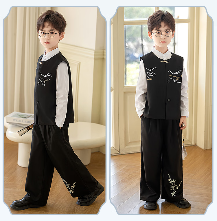 Carrot Beibei Children's Hanfu New Chinese Style Vest Set Boys National Style Embroidered Ceremony Performance Costume Black Long Pants Set Size 110 8