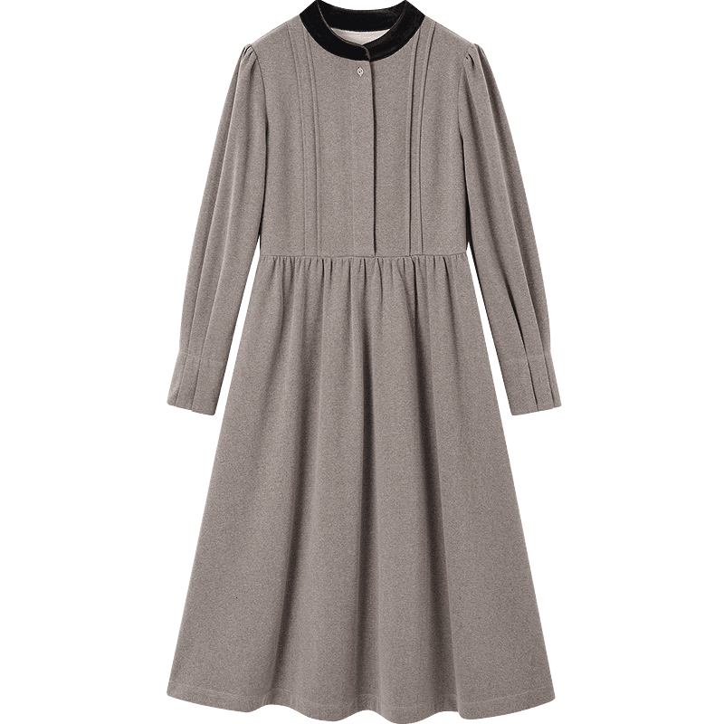 Demana [Reissue Elegance] Winter Colorblock Stand Collar Puff Sleeve Flared A-Line Knit Wool Blend Warm Women's Dress