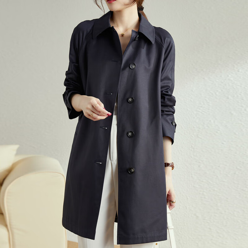 AOTUN British Style Women's Mid-Length Trench Coat Korean Version Slim Straight Jacket AT2359 Navy XXL