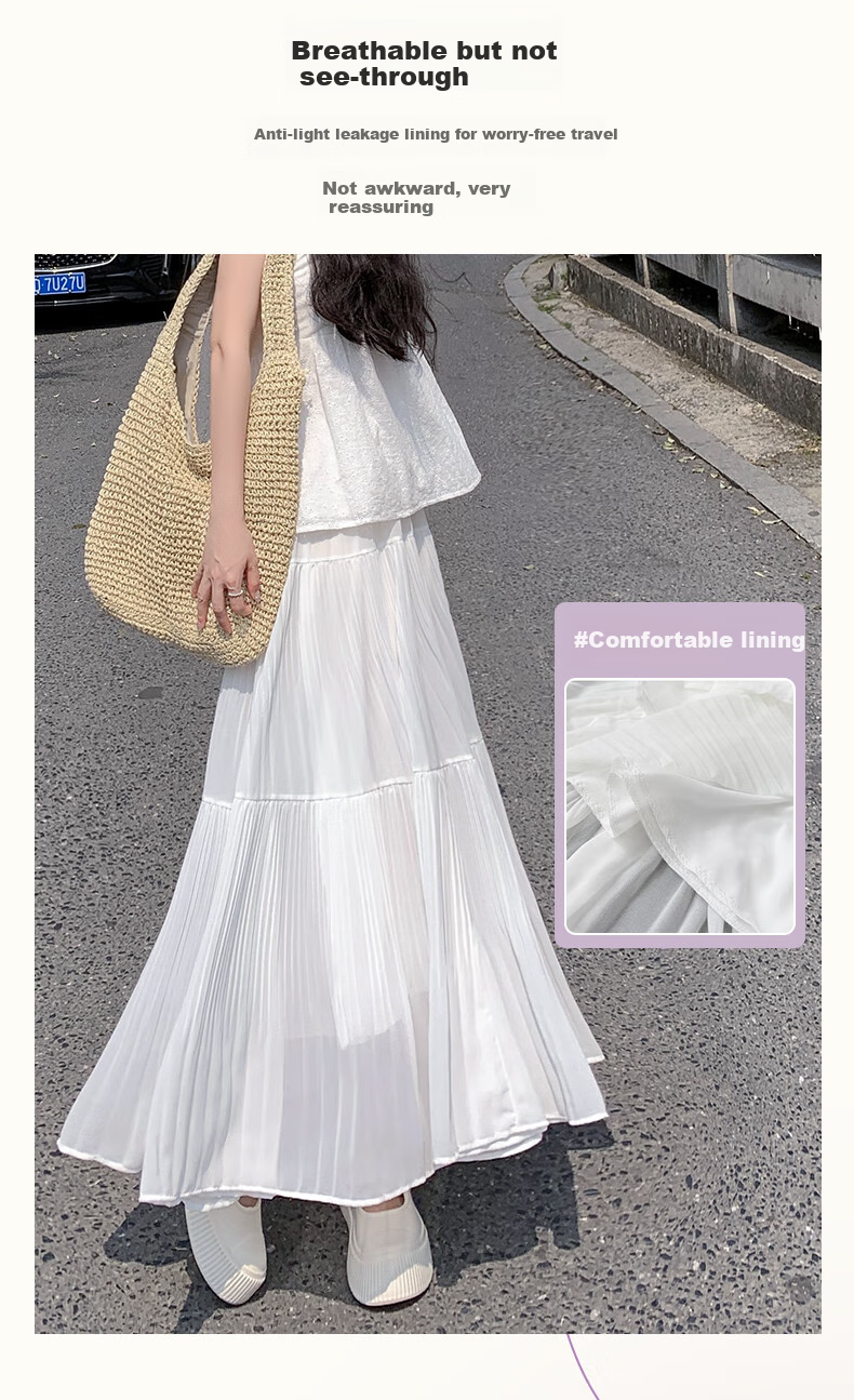 BOPRUIEY Pleated Chiffon Skirt for Women, Summer High-Waist Draping Gentle Elegant A-Line White Long Skirt 4