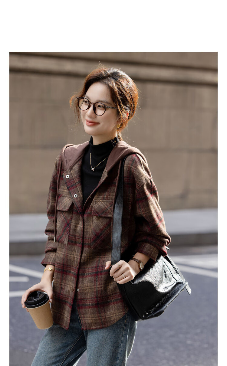 Demana Women's Vintage Millennial Plaid Hooded Loose Fit Adjustable Drawstring Coat with Wool Fleece Lining Winter Warm Jacket 1