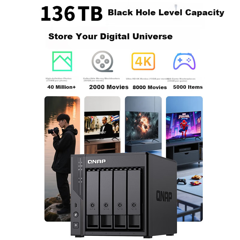 QNAP Qu405 Enterprise-Grade Home Storage N355 16GB RAM Four-Bay Network Storage NAS Private Cloud AI Photo Album Mobile Backup File Server with Inter-Cloud Connectivity