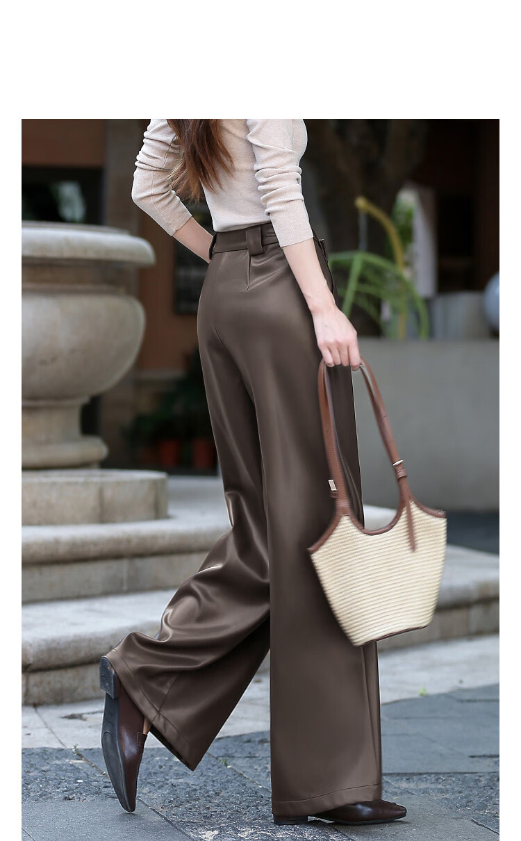 Demana Fashionable Elegant Autumn Design Pleated Panel Wide-Leg PU Surface Petite Women's Casual Pants 1