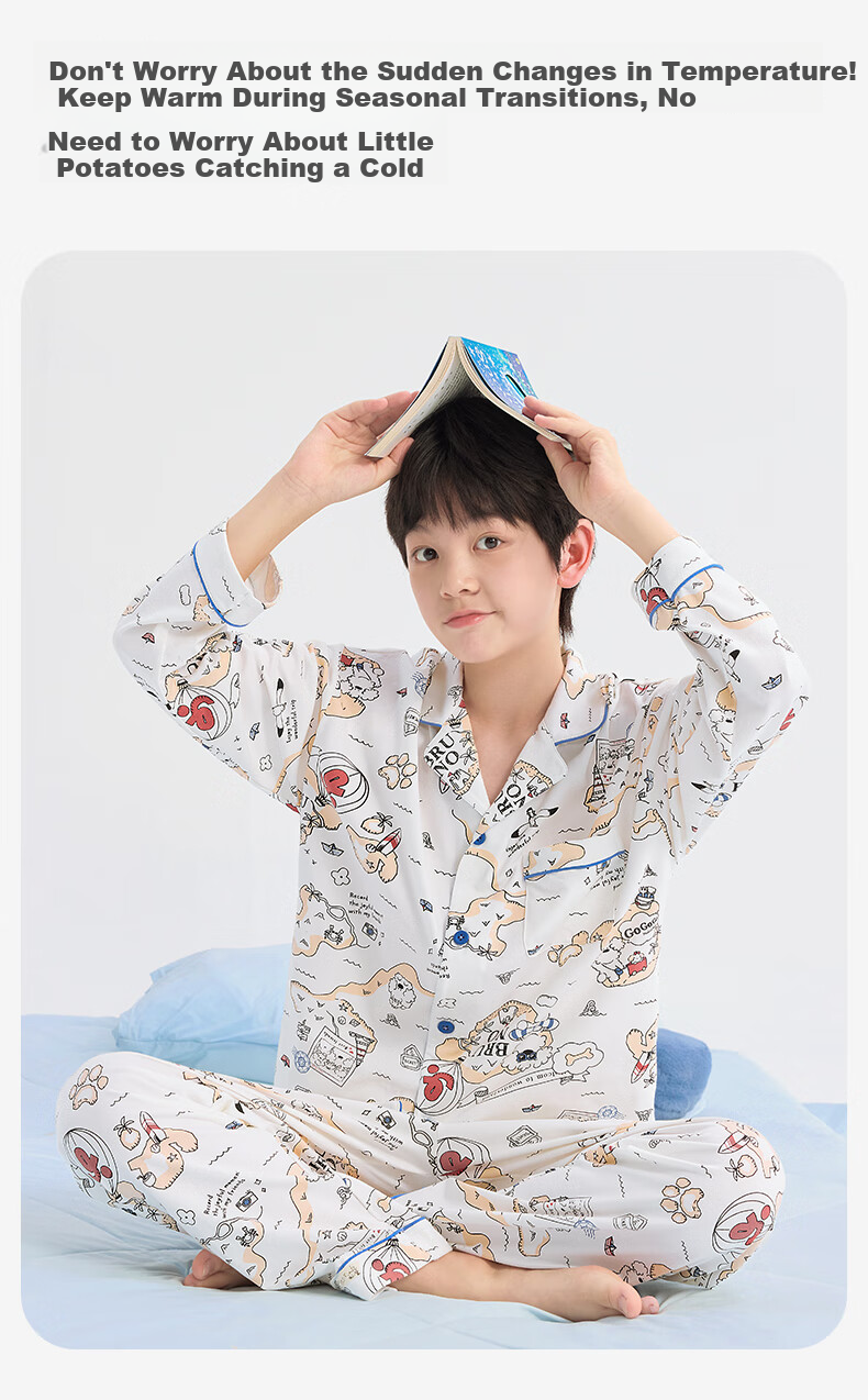 Jiusuiban Children's Pajamas for Boys, Class A Moisture-Wicking Breathable Cotton Home Wear, Big Kids Mijiang Co-Branded Long-Sleeve Long Pants Set 5