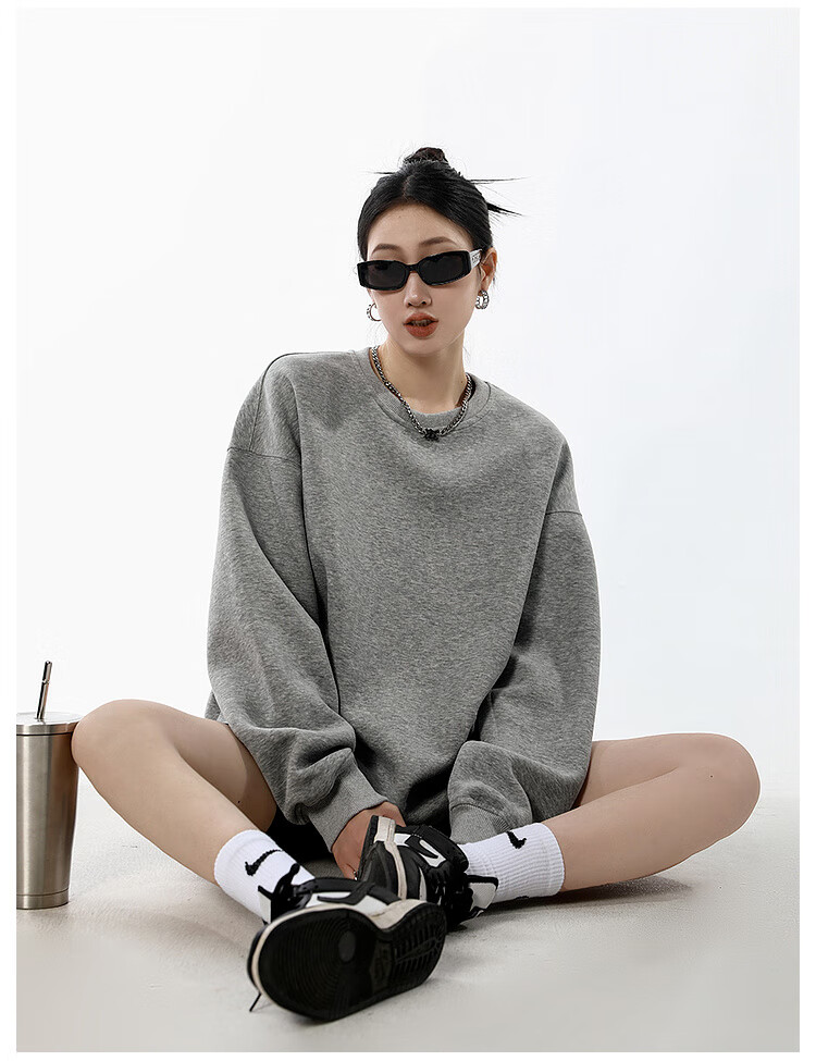 ICH MODE Women's American Style Crew Neck Solid Color Sweatshirt Spring Autumn New Loose Lazy Pullover Long Sleeve Top Black M 11