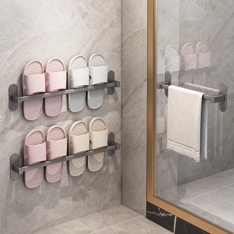 YOUQIN Bathroom Storage Rack, Space Aluminum, No Drilling Required, Wall-Mounted Slipper Holder, Adhesive, 50cm Strong Load-Bearing, Drying Rack, Bathroom Shoe Organizer