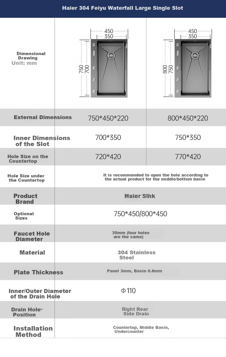 Haier 304 Stainless Steel Sink, Large Single Basin Kitchen Vegetable Washing Sink, Integrated Basin, Single Basin, Soft Rain Waterfall Pool, Bowl Sink, Thickened 15
