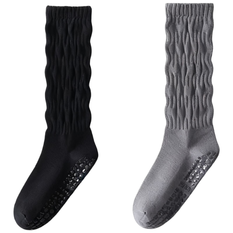 Duweike Yoga Socks Pilates Mid-Calf Non-Slip Breathable Fitness Dance Sports Calf Stack Socks Black+Gray