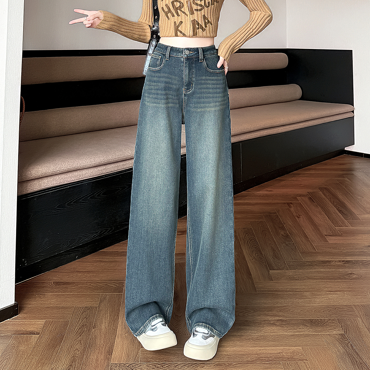 TonLion 2025 Autumn Winter Women's Pocket Patchwork Straight-Leg Denim Pants