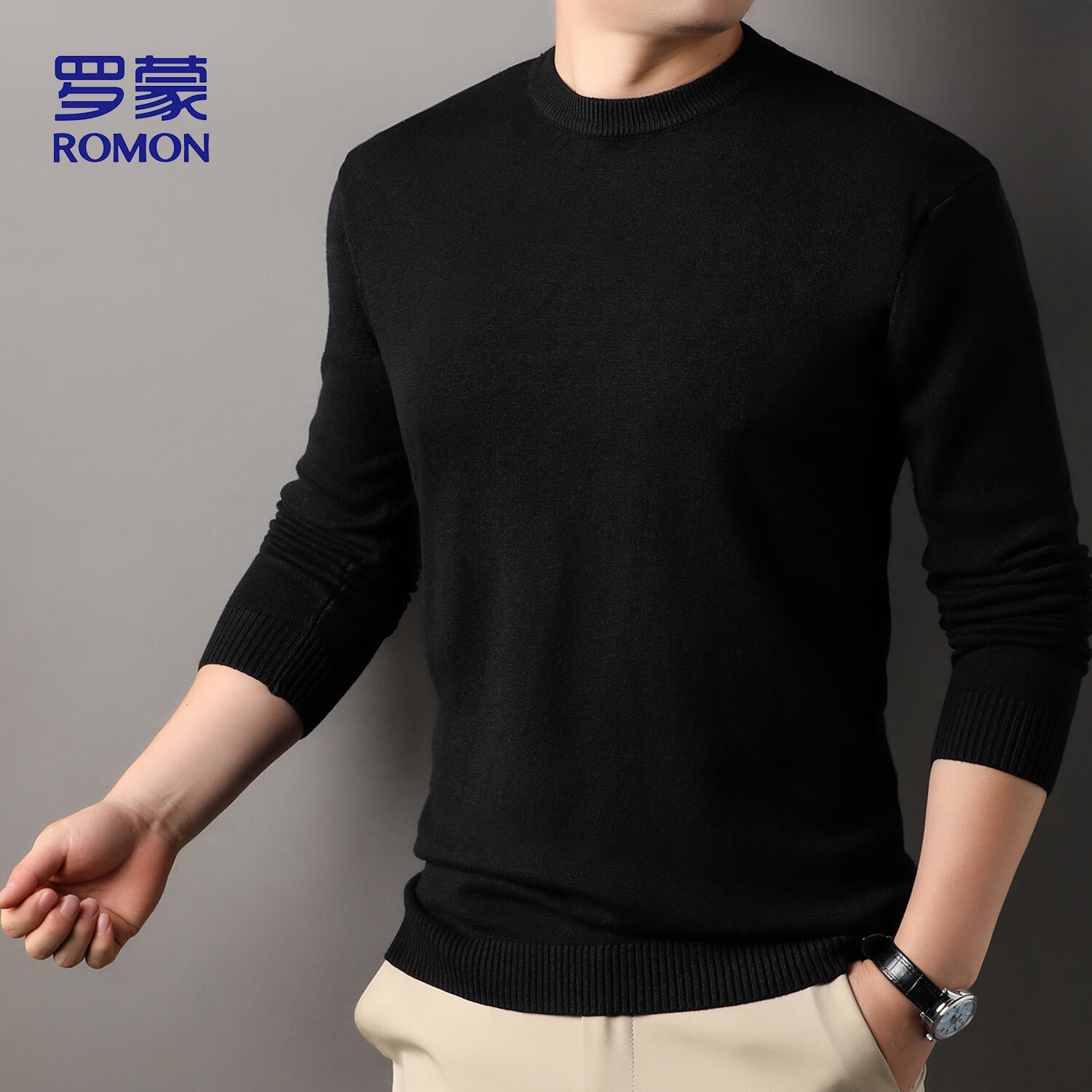 ROMON Men's Sweater Autumn Winter Comfortable Skin-friendly Casual Versatile Warm High-end Knitted Base Shirt 3977 Black M