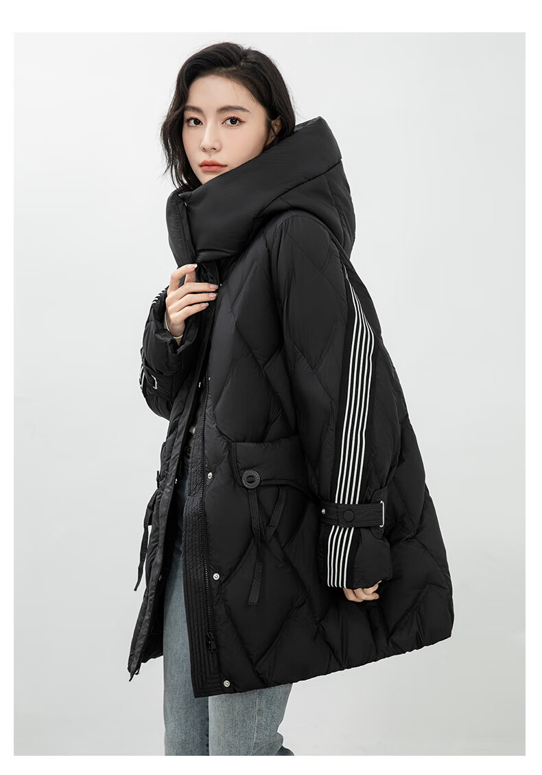 BLOOM FLOWERS Women's Down Jacket 2025 Winter Mid-Length Solid Color Striped Fashion Casual Hooded Warm Coat 36