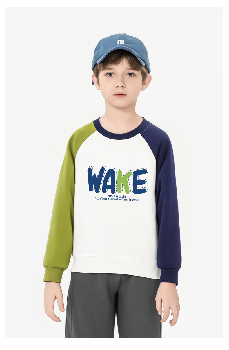 MARK FAIRWHALE Boys' Pullover Sweatshirt Spring and Autumn Crew Neck Raglan Top for Boys White with Green and Blue, Size 110 7