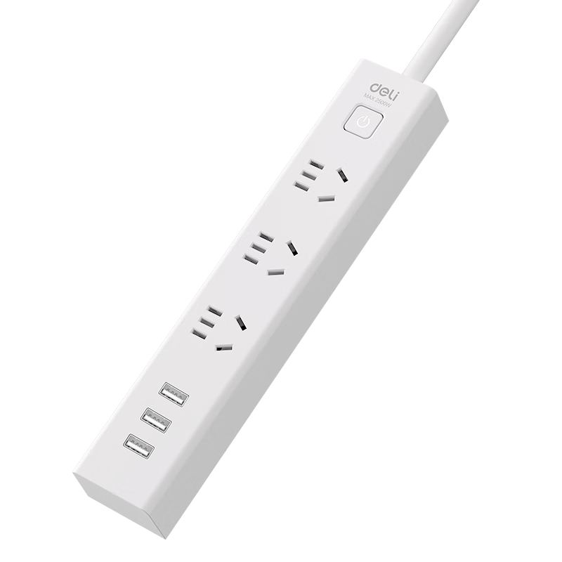 Deli 3C Certified National Standard 3.1A Fast Charging USB Socket, Power Strip/power Bar/power Board/power Adapter/power Cord, 3 USB Ports + 3 5-Hole Sockets, Master Control 1.8 Meters, 18288