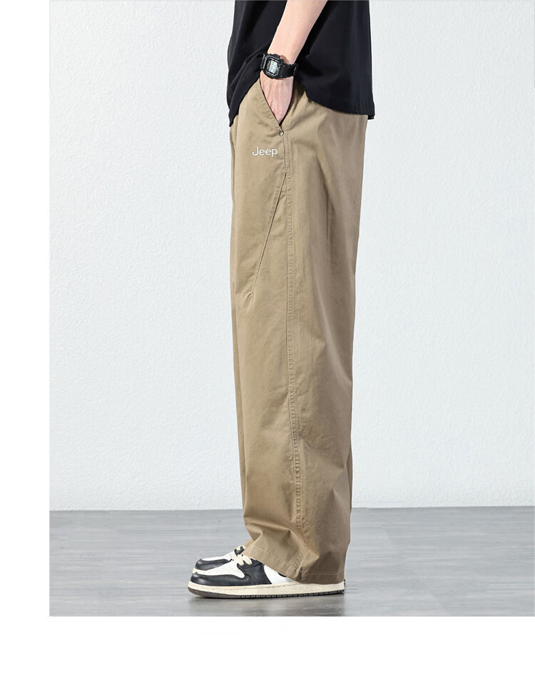 JEEP Casual Pants for Men, Spring And Summer Straight-Leg Loose Pure Cotton Cargo Pants, Trendy Men's Trousers, Khaki Color, Size 34 9