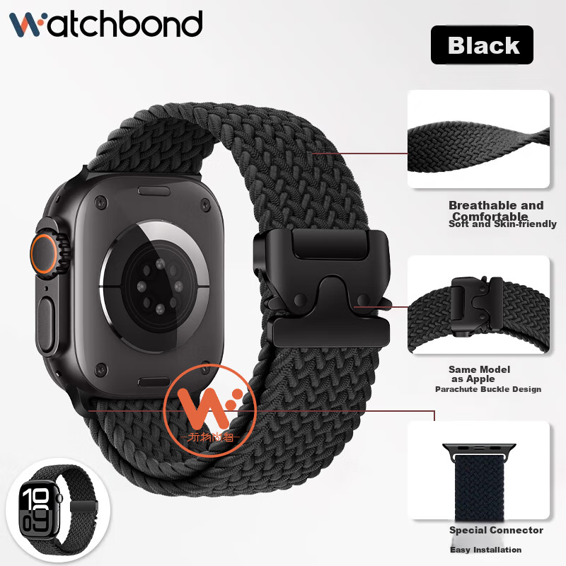 Watchbond Compatible with Apple Watch S12 Band, Apple IWatch S11/Ultra4/3 Band, Braided Parachute Buckle, for S10/S9/8/SE3 Men's Style, 46/49mm Band