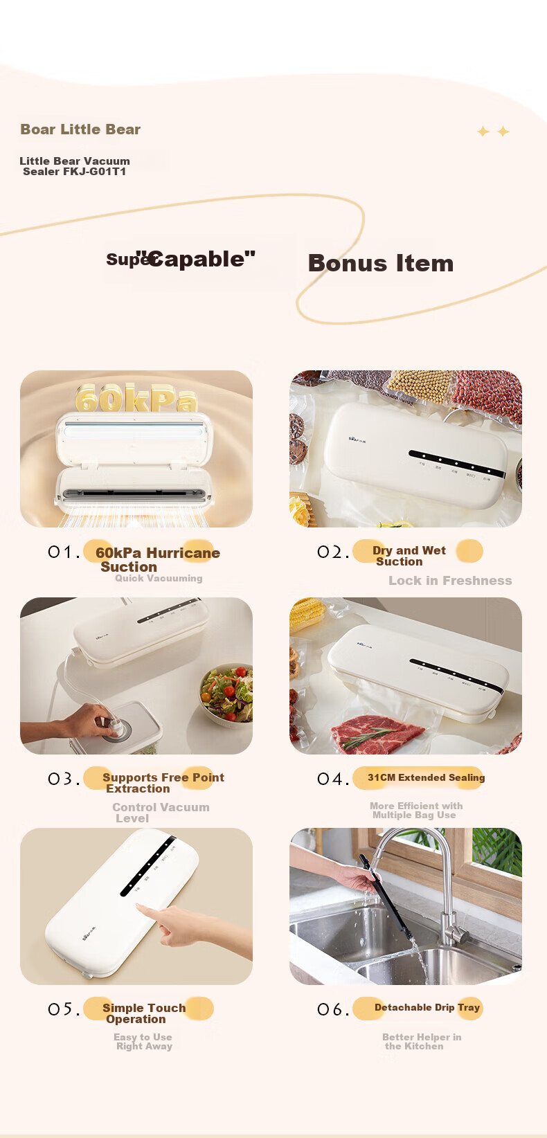 Bear Vacuum Sealer Multi-Use for Dry and Wet, High Power, Strong Suction, Automatic Small Household and Commercial Vacuum Packaging Sealer, Vacuum Compression Plastic Sealing Machine, Odor Prevention, 6