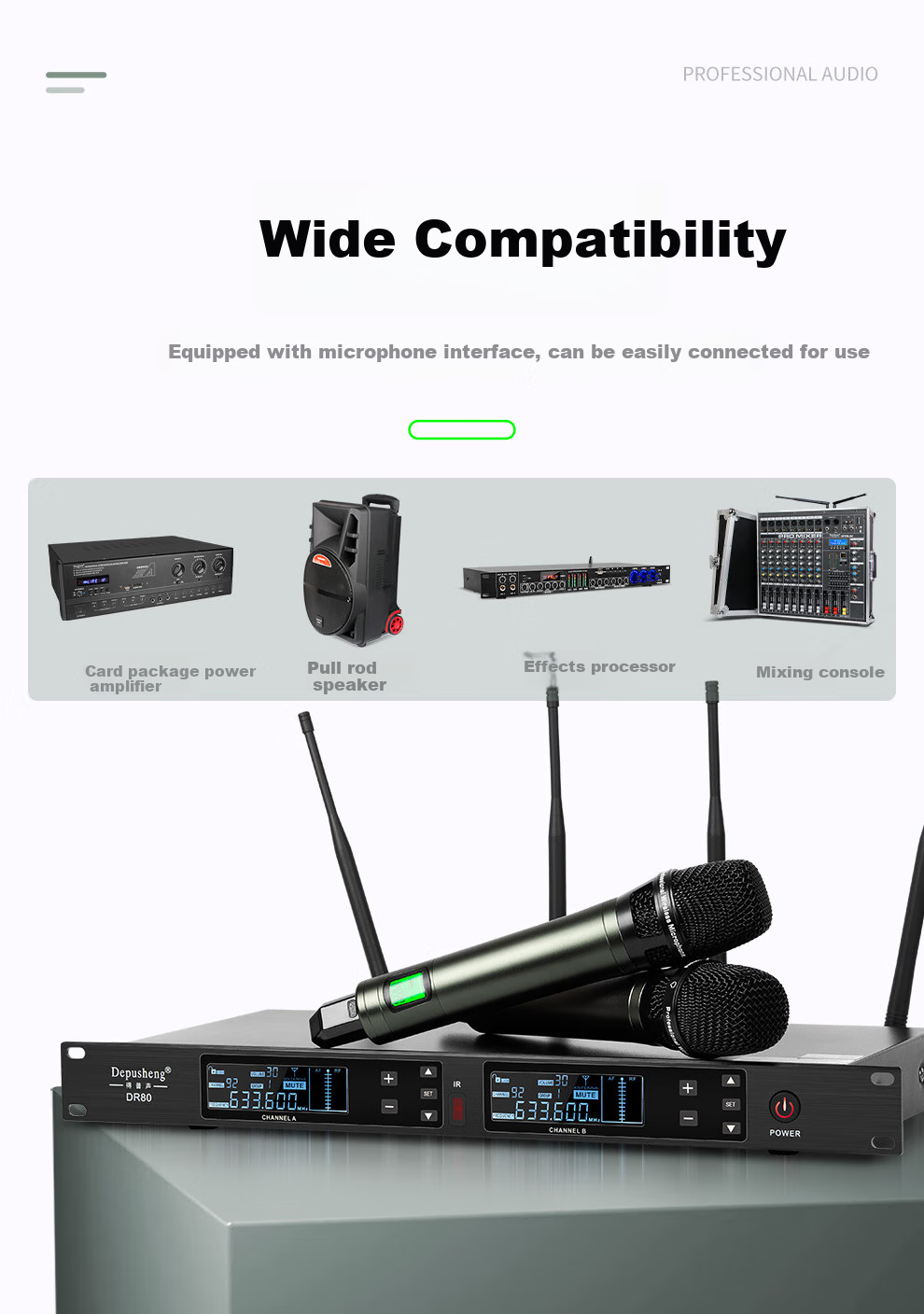 Depusheng DR80 Wireless Microphone System with Two Mics, Professional Stage Performance Singing Hosting Training Lecture Meeting Neck Gooseneck School Wedding Real Split Mic Long-Range U-Frequency Anti-Howling 12