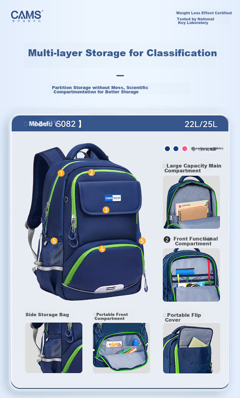 CAMS Suspended Weight Reduction Backpack for Grades 1-3 Large Capacity Lightweight Spine-Protecting Schoolbag for Boys And Girls S08201S 4