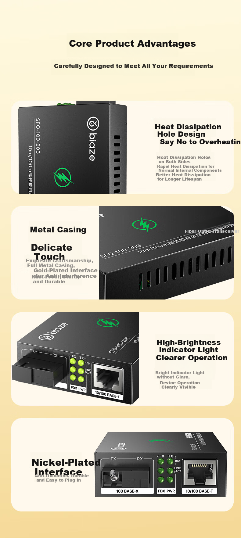 BIAZE Fiber Optic Transceiver, 100Mbps One Pair, Single-Mode Single-Fiber Optical-Electrical Converter, Network Optical Terminal, Network Monitoring SC Interface, Adaptive Optical Transceiver 20KM 6