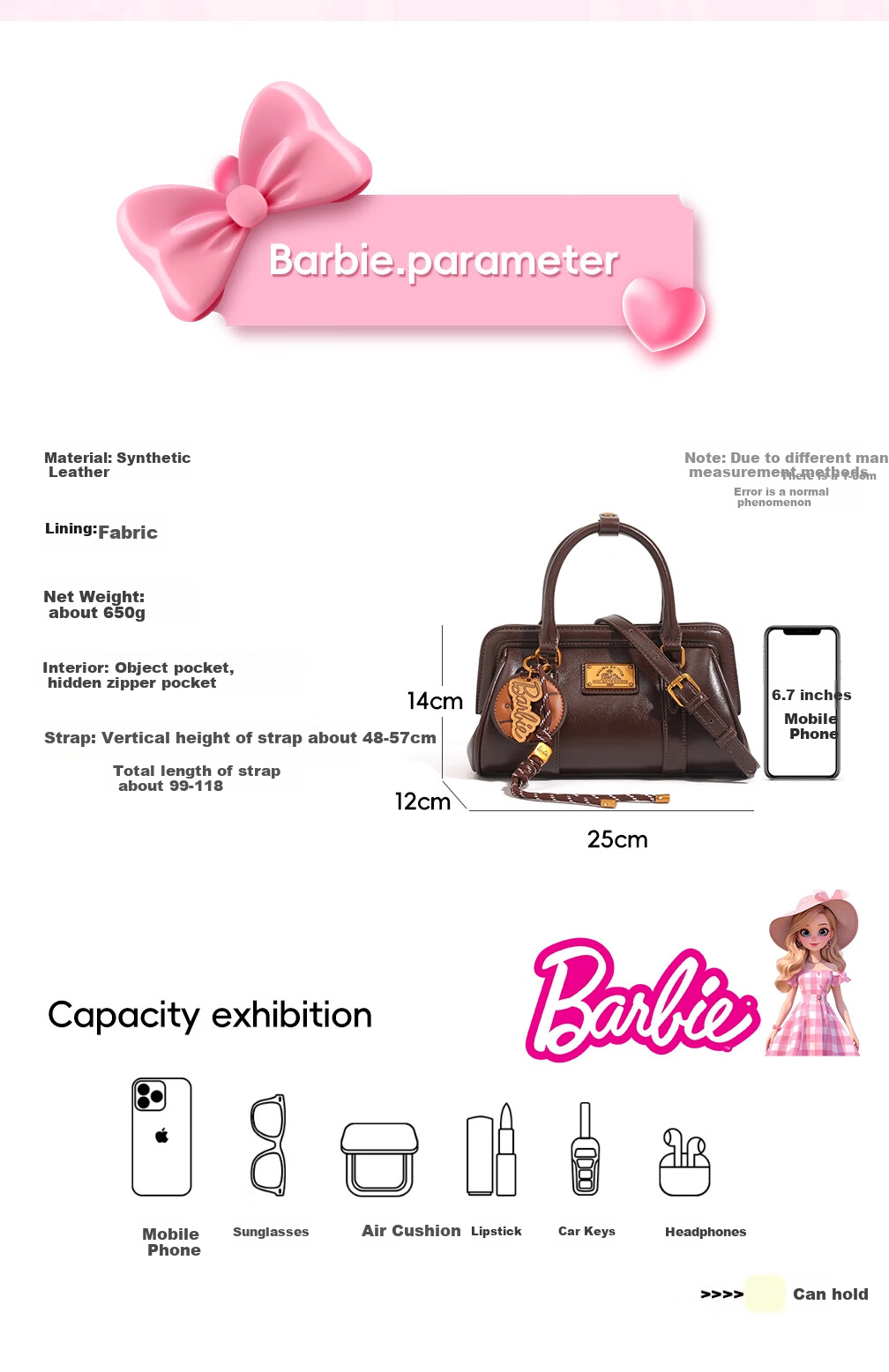 Barbie Handbag for Women, 2026 New Vintage Bowling Light Luxury Crossbody And Tote Bag, Birthday Gift for Best Friends, Valentine's Day Present 5