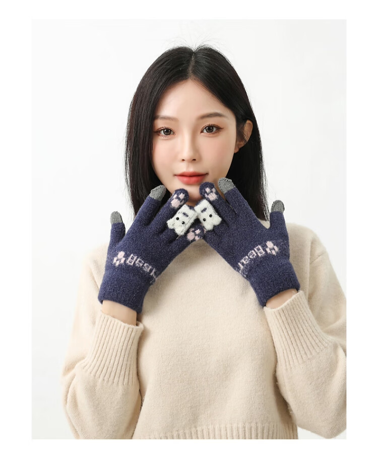 XUEXIMAN Plush Knitted Five-Finger Gloves Women's Winter Warm Thickened Student Touchscreen Cycling Cold Windproof Gloves 6