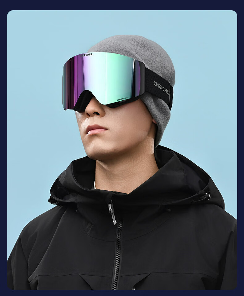 CHERCHER 25th Anniversary Magnetic Flip Ski Goggles Windproof Sandproof Sports Snow Glasses Green Purple Shimmer/Black Frame One Size 2