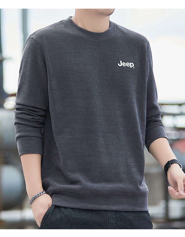JEEP Men's Sweatshirt, Spring And Autumn Style, Hoodless Round Neck, Loose Long-Sleeve T-Shirt, Trendy Men's Clothing, Dark Gray, Size L 1