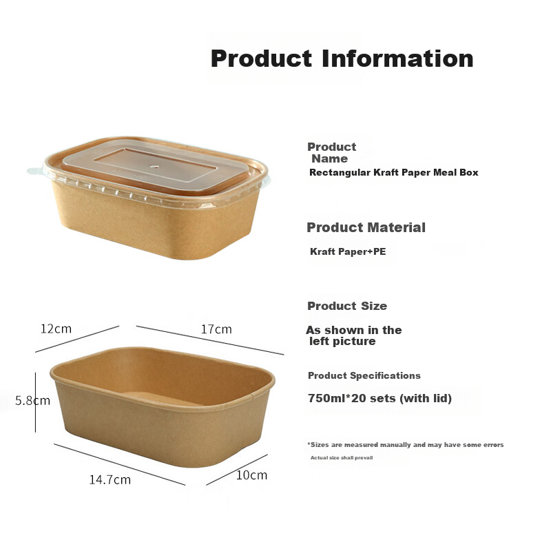 JIACHI Disposable Food Containers, Thickened 750ml*20 Sets, Kraft Paper Takeout Boxes, Square Paper Bowls, Camping Packing Boxes, Tableware
