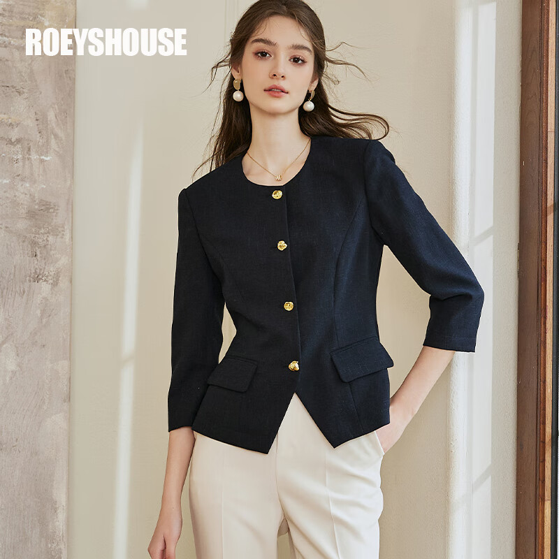 ROEYSHOUSE Slim Fit Short Blazer Spring Professional Waist-Cinched Jacket 10105 Navy Blue S