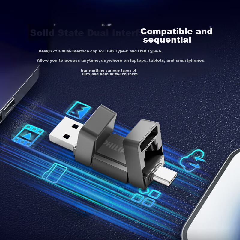 PHILIPS 1TB High-Speed Solid State USB Flash Drive, Dual Interface for Phones And Computers, 41UT, Read Speed up to 1000MB/s, Large Capacity Flash Drive, Compatible with Phones, Computers, And Tablets