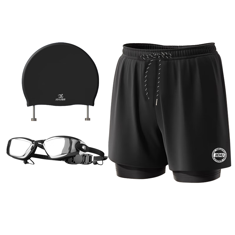 Jiehu Men's Swimwear Three-Piece Set - Swim Trunks, Goggles, Swim Cap, Quick-Dry, Loose Fit, Spa and Vacation Suit