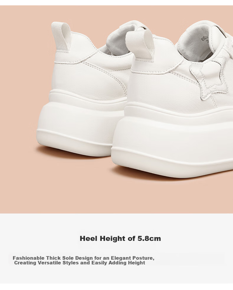 BOERDIQI Top-Grain Leather Versatile White Sneakers for Women, Thick-Soled Height-Increasing Casual Sports Shoes, White And Black, Size 36 5