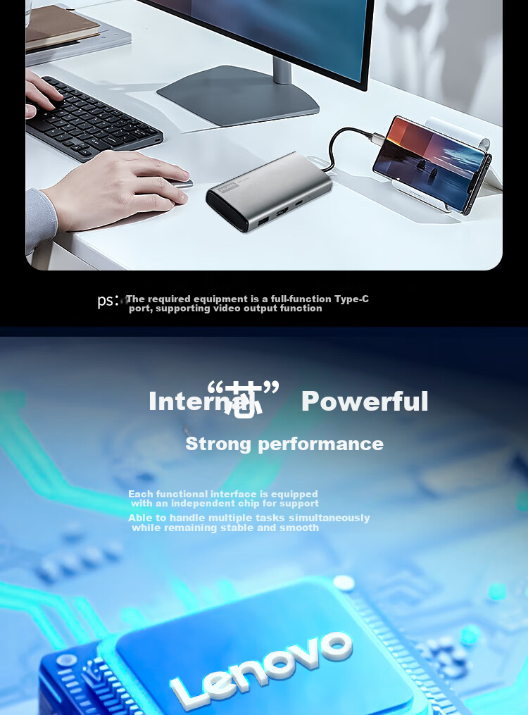 Lenovo Type-C Expansion Dock, USB3.2 Hub, 10Gbps Transmission, HDMI 4K 60Hz Converter, PD100W Expansion Dock, BY06-C2 (Metal) 11