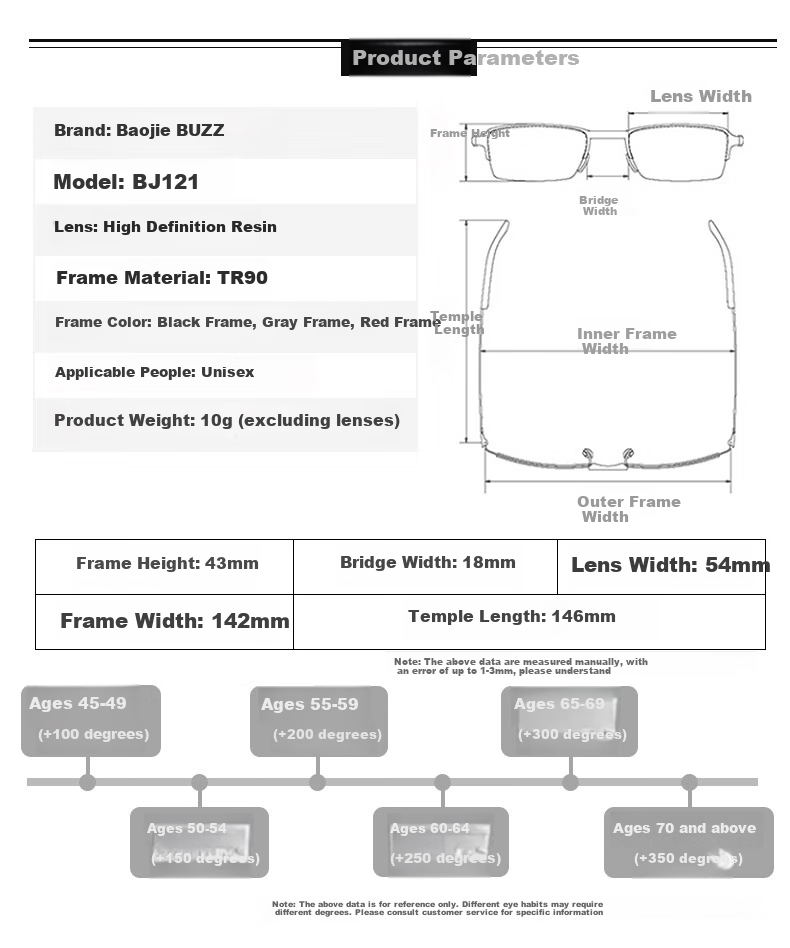 BUZZ Reading Glasses for Men And Women, Anti-Blue Light, Ultra-Light, High Definition, for Middle-Aged And Elderly, Presbyopia Glasses BJ121 Black Frame with Gray Temples 100 Degrees 9