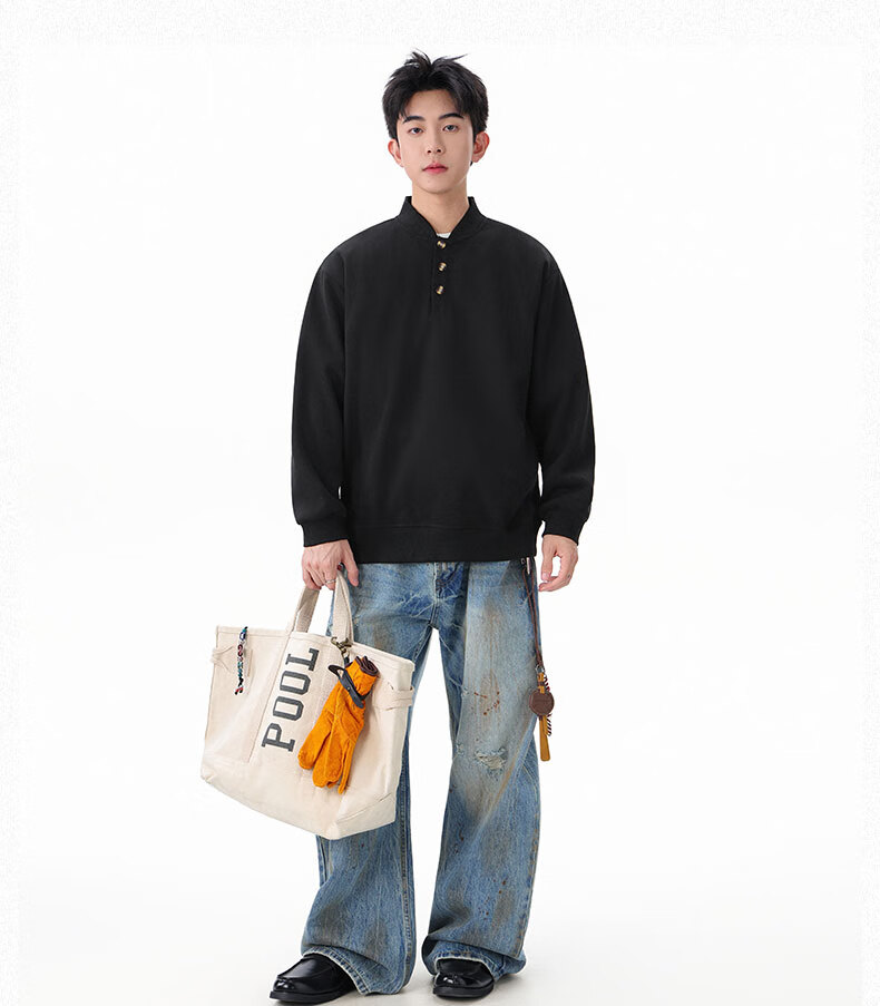 Homlean Heavyweight Henry Collar Solid Color Sweatshirt Men Autumn Fashion Casual Loose Base Shirt HQ00 Black 4XL 12