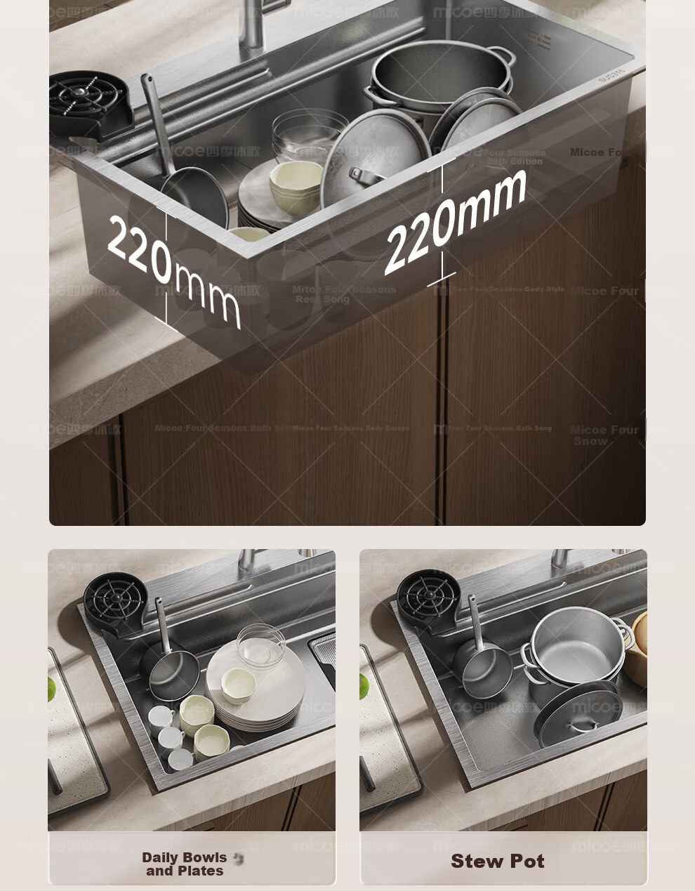 MICOE Kitchen Sink, Handmade Large Single Bowl L9 Series, 316L Stainless Steel Medical Grade, Nano Antibacterial Vegetable Washing Basin, 75 33