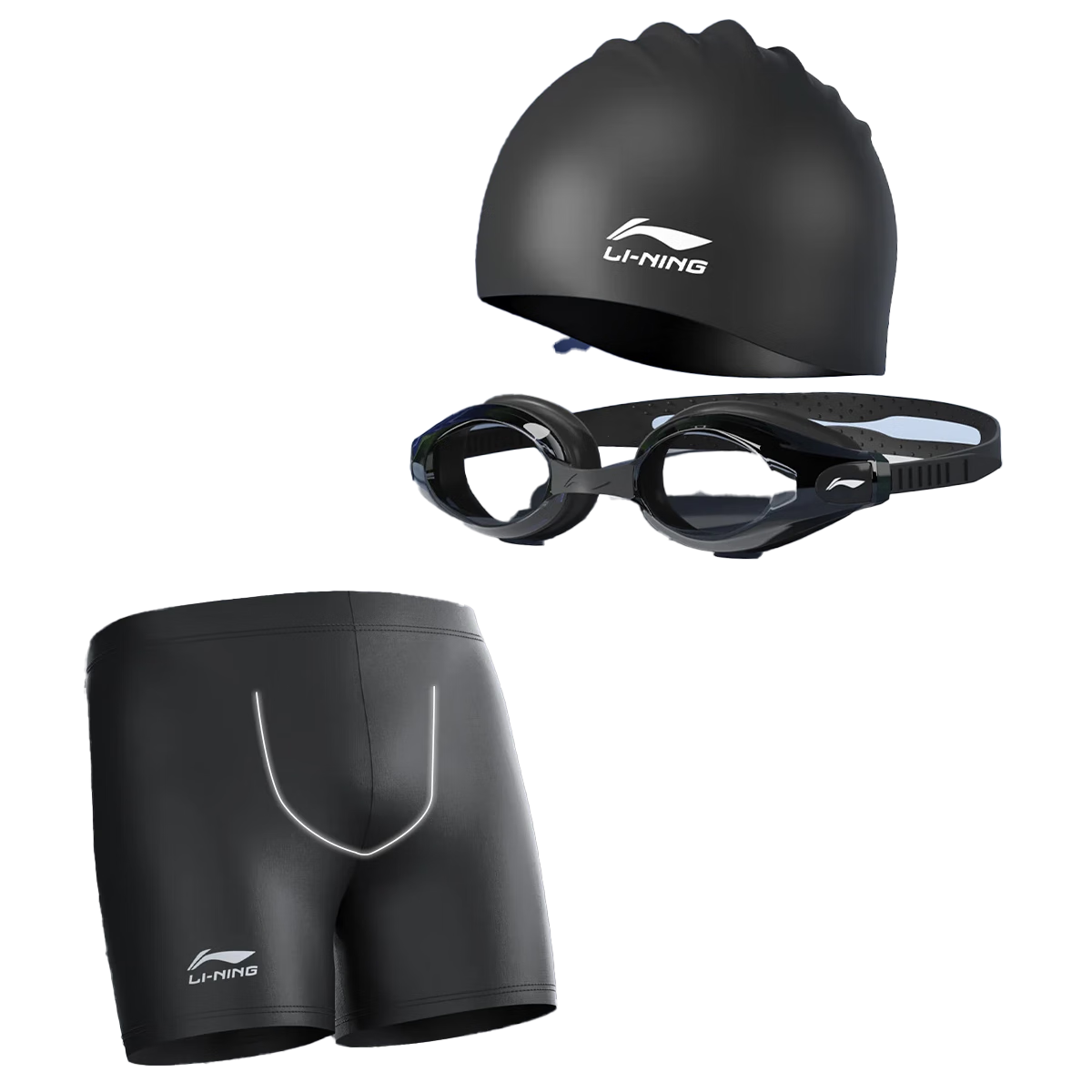 Li-Ning Swimming Trunks, Goggles, And Swim Cap Three-Piece Set for Men, Quick-Drying Anti-Embarrassment Swimming Training Equipment, 312 Flat Angle, 3XL