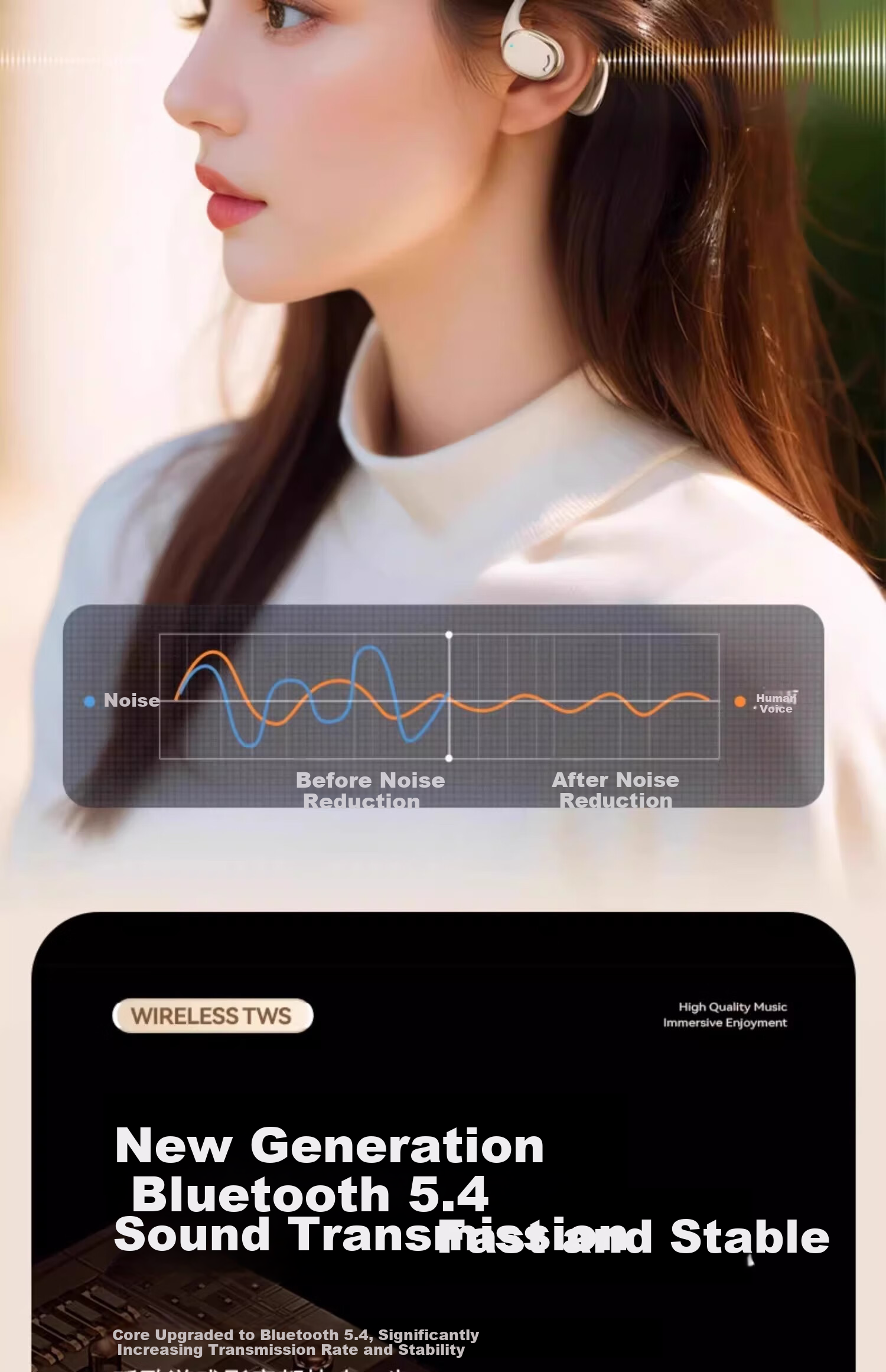 CLAISON Bluetooth Headphones, Ear-Hook Bone Conduction Concept, Non-In Open-Style Wireless Sports Running Cycling Noise-Cancelling Ear Clip Headphones, Suitable for Apple Huawei M70 - Off-White 9