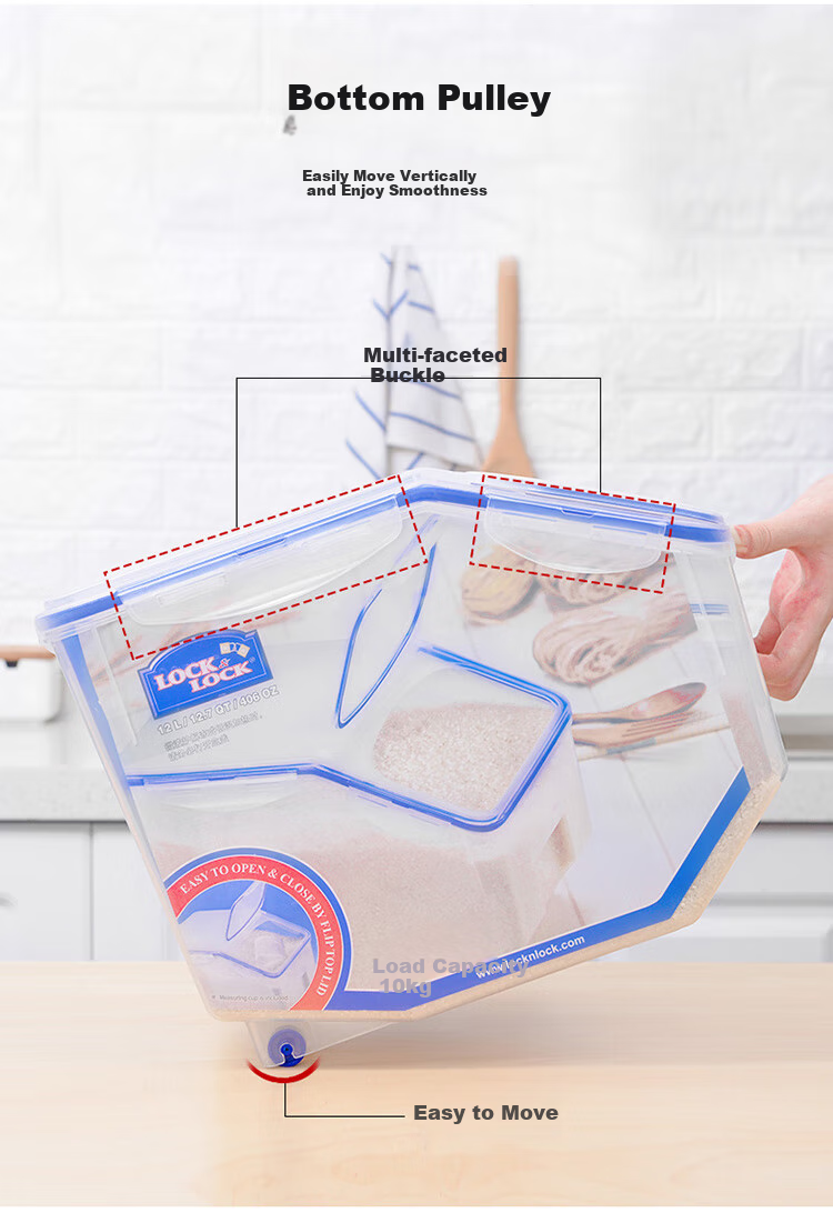 LOCK&LOCK Plastic Multi-Grain Rice Container, Sealed Storage Rice Box, 12 Liters Capacity (Can Hold 10kg of Rice), with Wheels And Measuring Cup Included 6