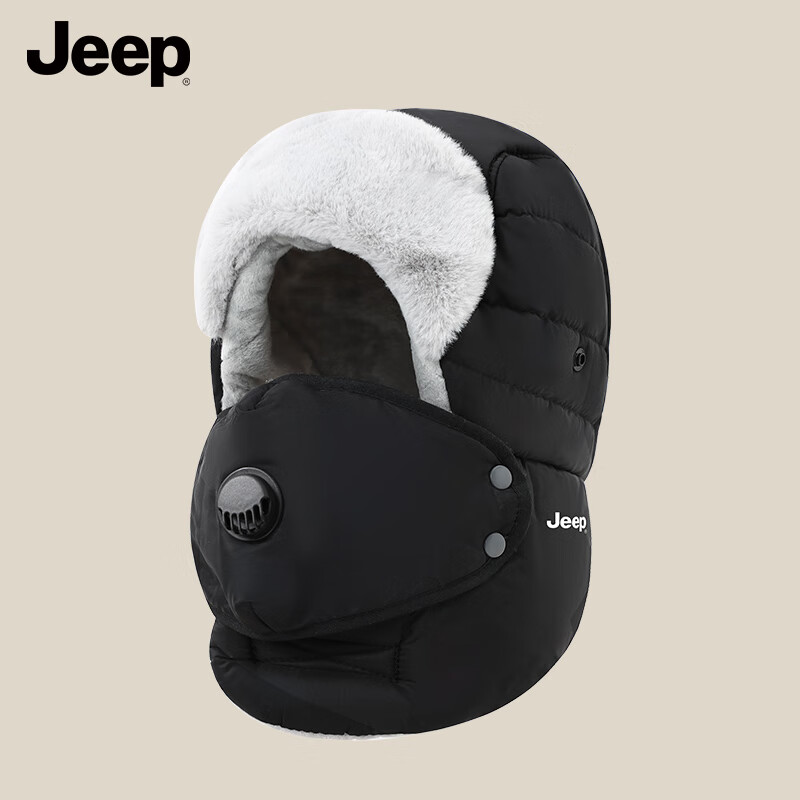 JEEP Men's Winter Warm Windproof Thickened Fleece Lined Riding Ear Protection Hat with Mask Set Black
