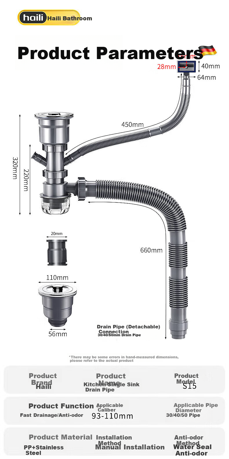 Haili Kitchen Sink Drain Pipe Set, Double Sink 110mm Drainage System, Dishwashing Basin Drainage Pipes, Water Seal, Odor Prevention S16 1