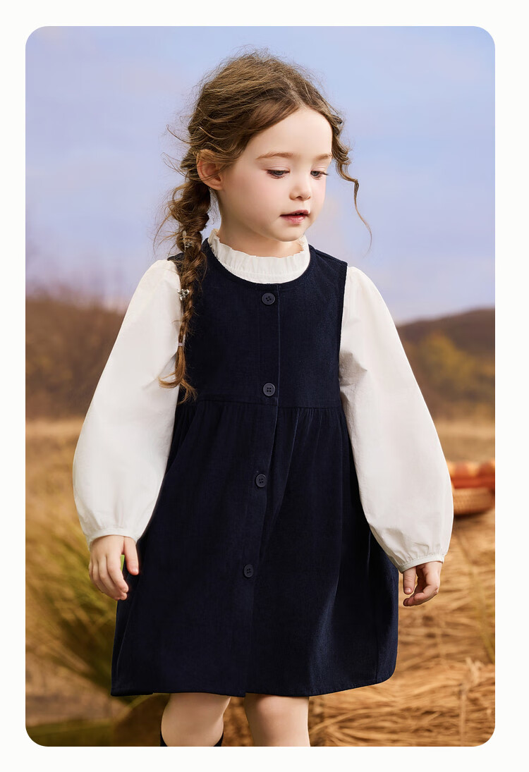 ASK JUNIOR Kids Spring Outfit Toddler Ruffled Lined Girls Vest Dress School Style Navy Blue Size 100 6