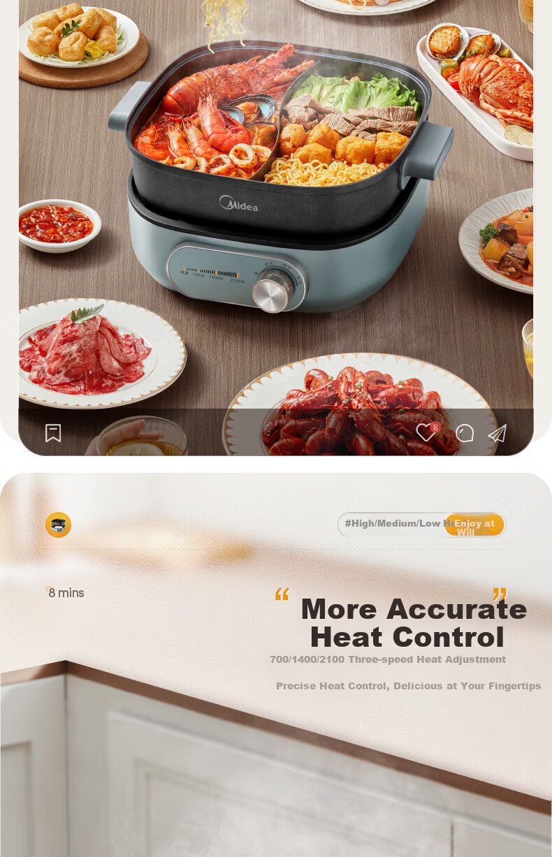 Midea Electric Hot Pot, Dual-Sided Pot for Home Use, 4-6 People, 6L Capacity, Titanium And Ceramic, Zero Fluorine, Antibacterial, Dormitory Style, Detachable Design, 9CM Deep, Multifunctional, Bionic Non-Stick Pot, New Electric Cooker, Self-Operated 19