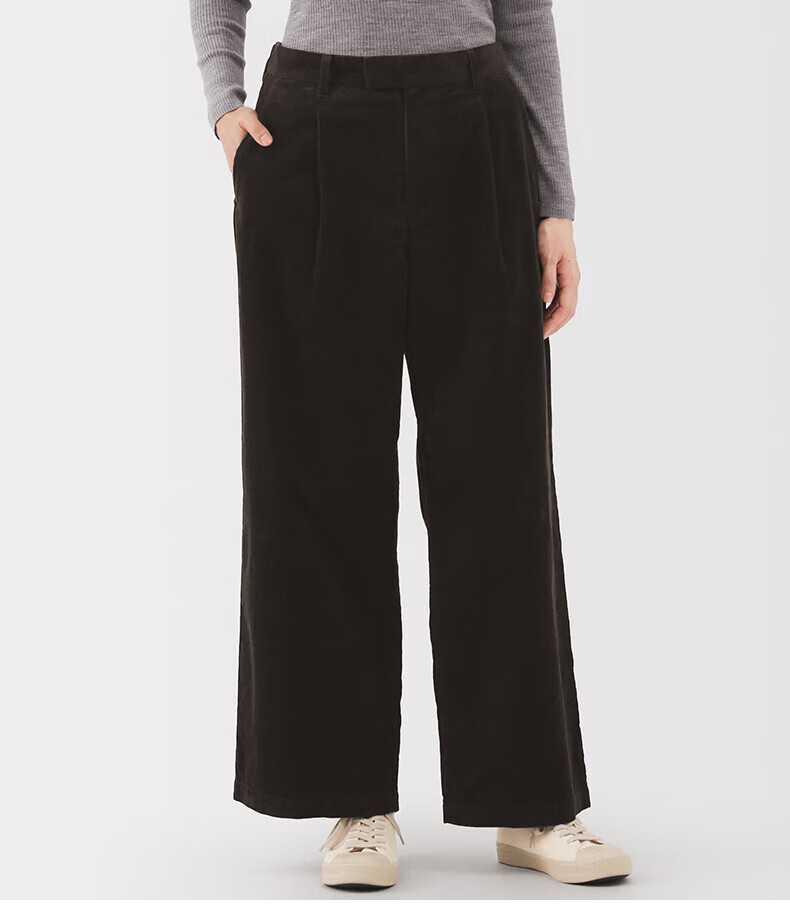 MUJI Women's Cotton Blend Corduroy Pleated Wide-Leg Pants Ivory L 1