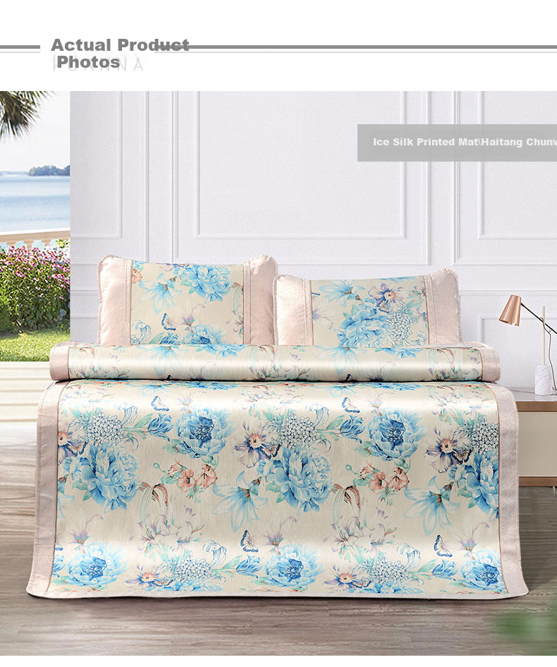 FUANNA Ice Silk Cooling Mat with Printed Pattern, Soft Fitted Sheet Set for Double Bed, Three Pieces, Blue, 1.8*2 Meters [Washable] 11